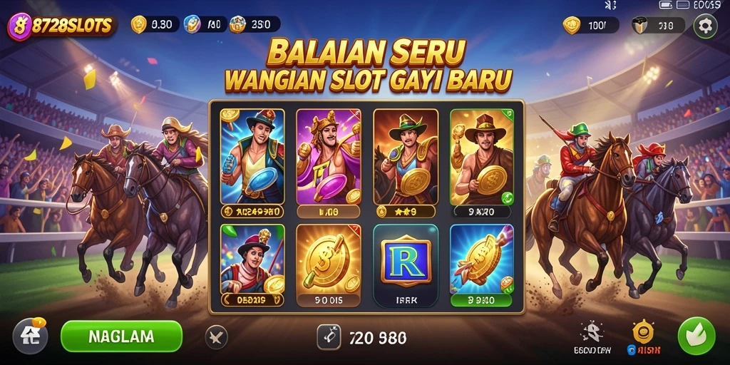 Gameplay 8728SLOTS dengan balapan dan slot yang mendebarkan.