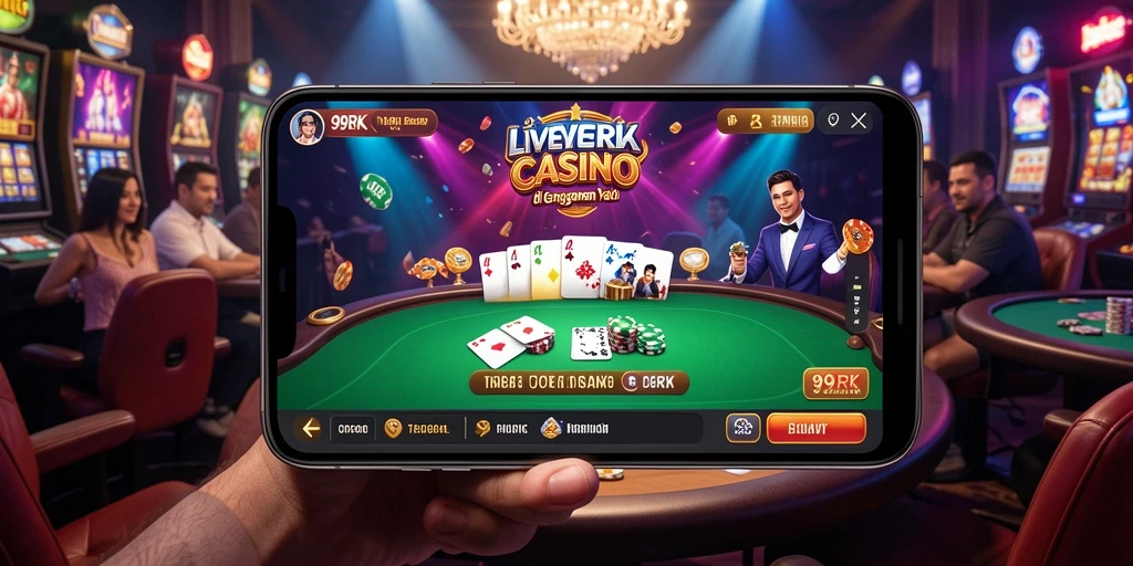 Screenshot utama 99RK menunjukkan dealer live yang berinteraksi dengan pemain.
