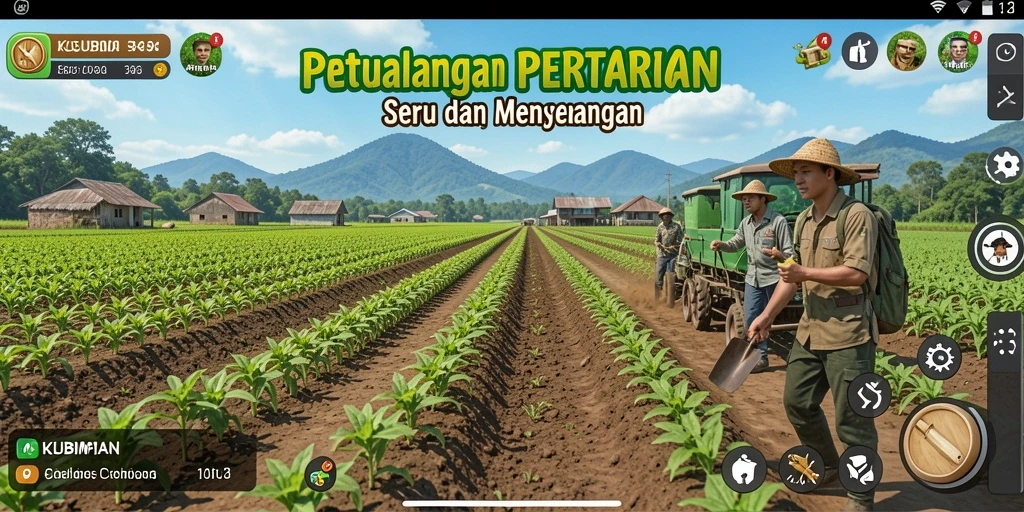 Tampilan gameplay KLUBIMPIAN dengan banyak aktivitas pertanian.